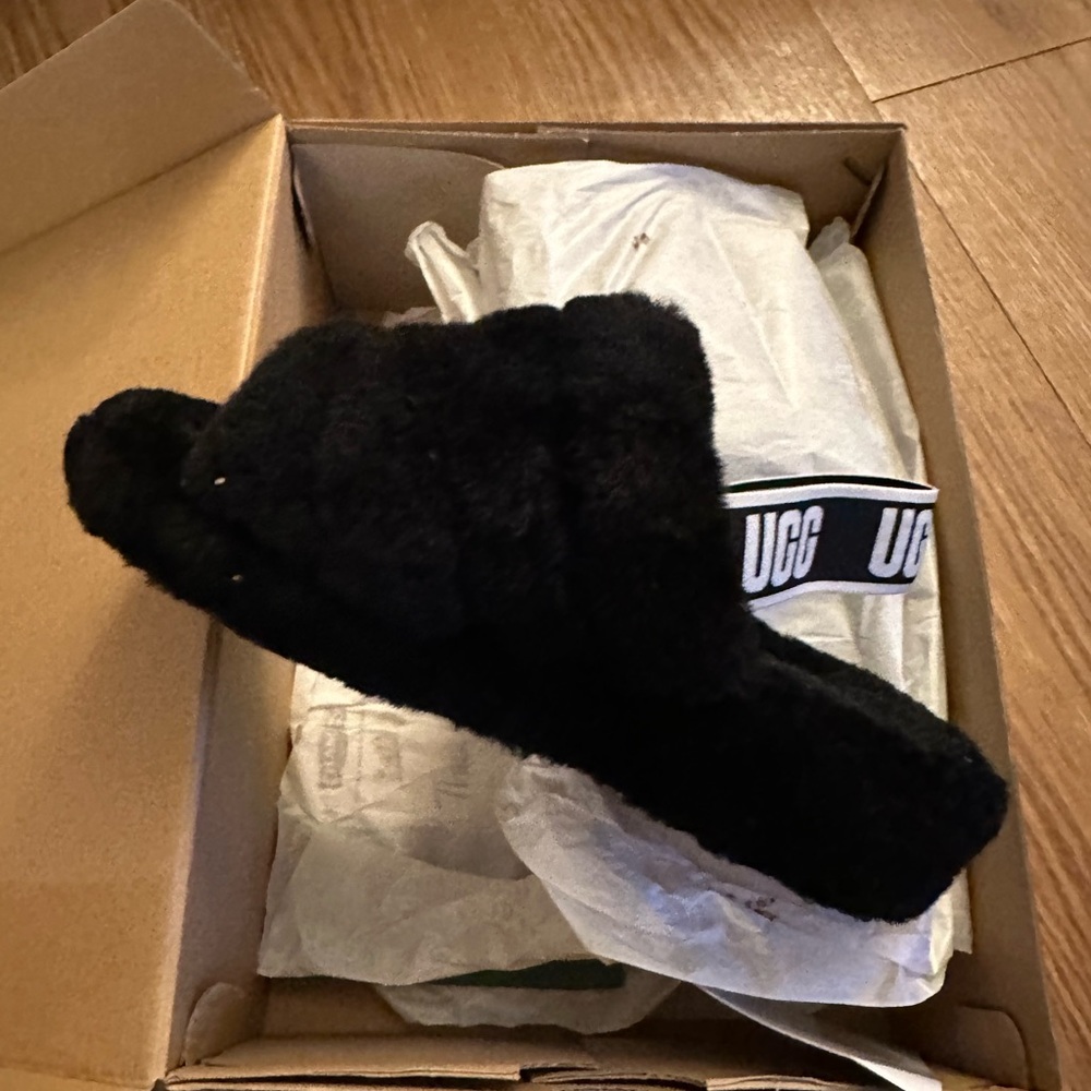 UGG Black Fluffy Slides with Logo Strap